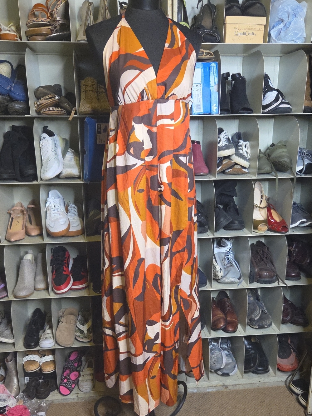 Simplee Apparel Orange, Brown & Cream Halter Maxi Dress